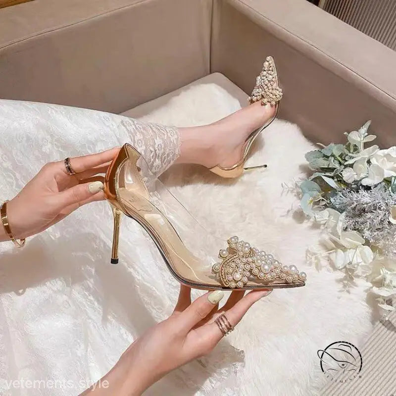 Elegant 8cm silver and champagne pearl heels with transparent sides