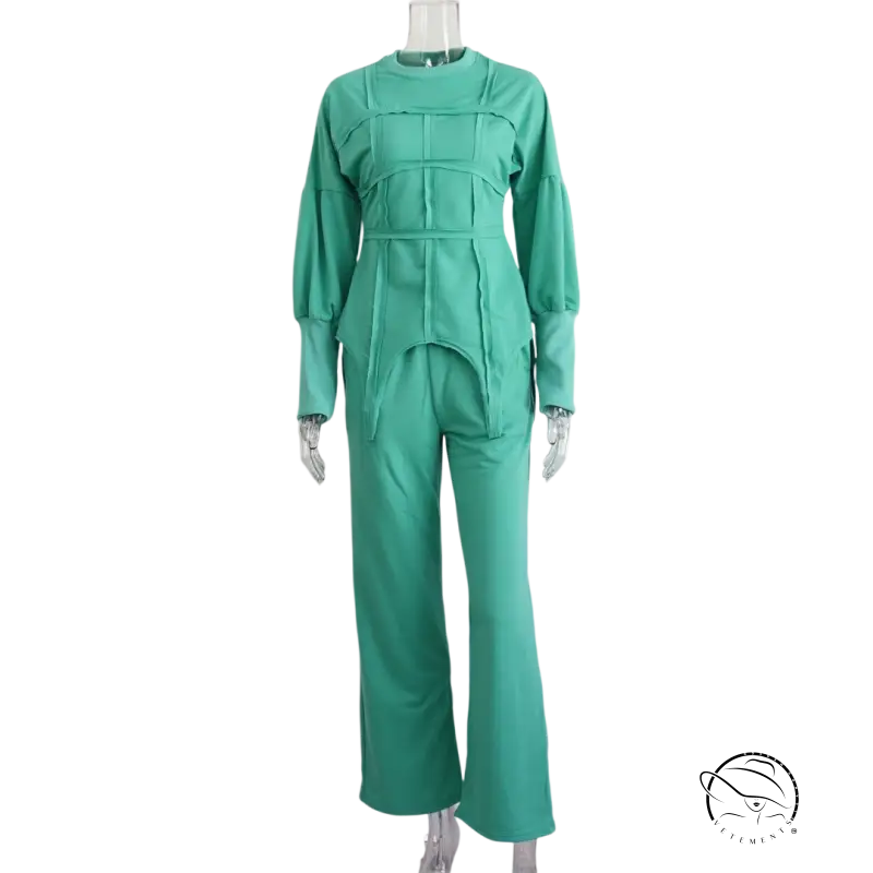 Mint green pullover hoodie set with long sleeve flared pants on mannequin