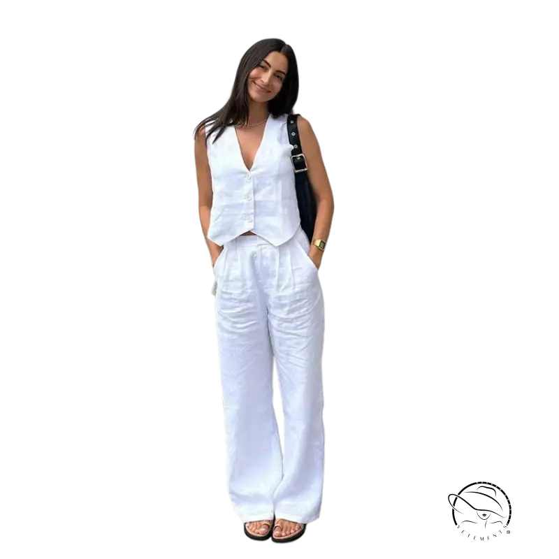 Woman in Monaco summer outfit: cotton linen waistcoat, V-neck top, pants