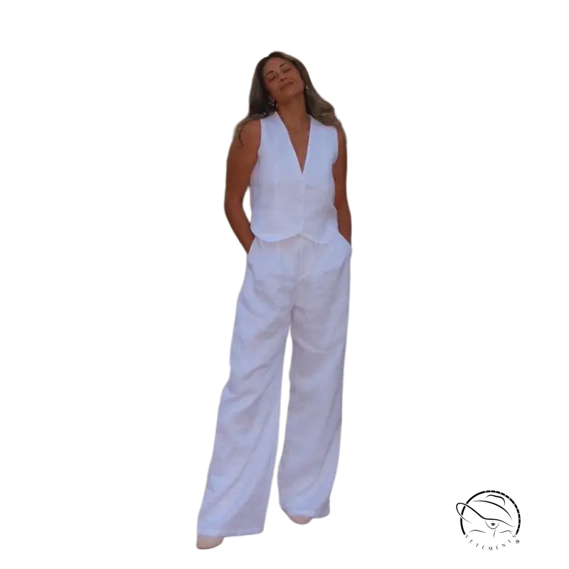 Woman in Monaco summer outfit: cotton linen waistcoat with V-neck top and wide-leg pants