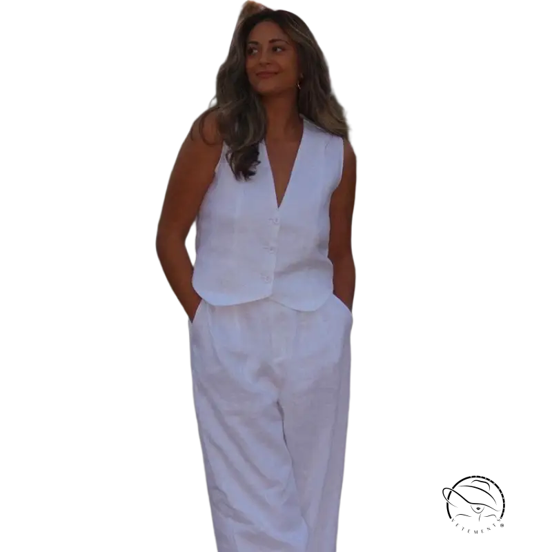 Woman in Monaco summer outfit: cotton linen waistcoat with V-neck top and pants