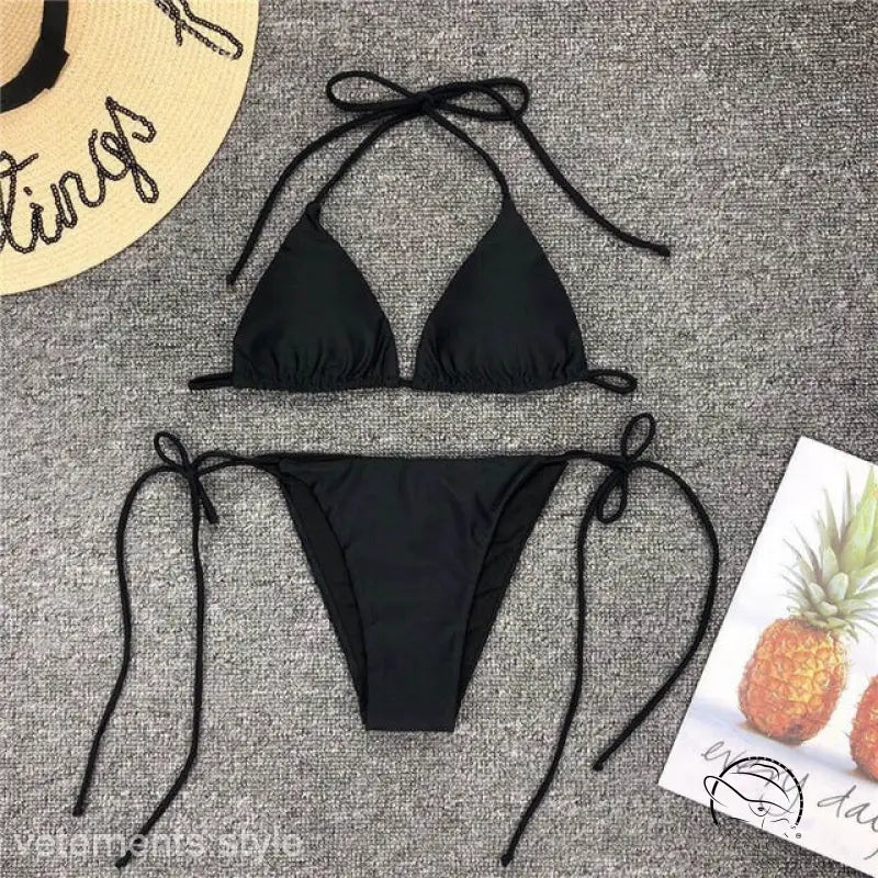 Black string v-neck bikini monokini for beach day