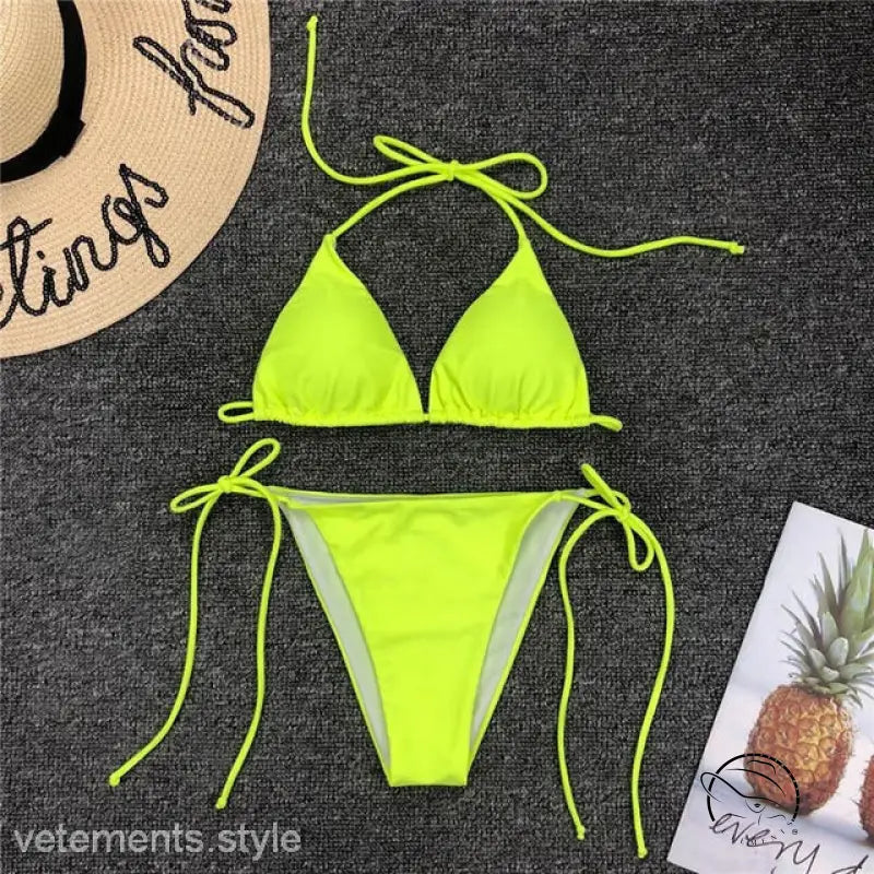 Neon yellow monokini string V-neck bikini for beach day