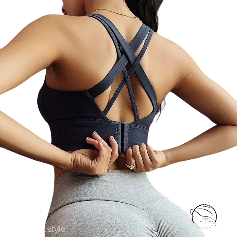 Navy blue crossback yoga bra with sporty solid cutout design