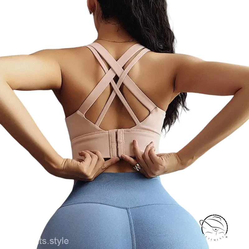 Navy blue crossback yoga bra with sporty crisscross back and adjustable straps