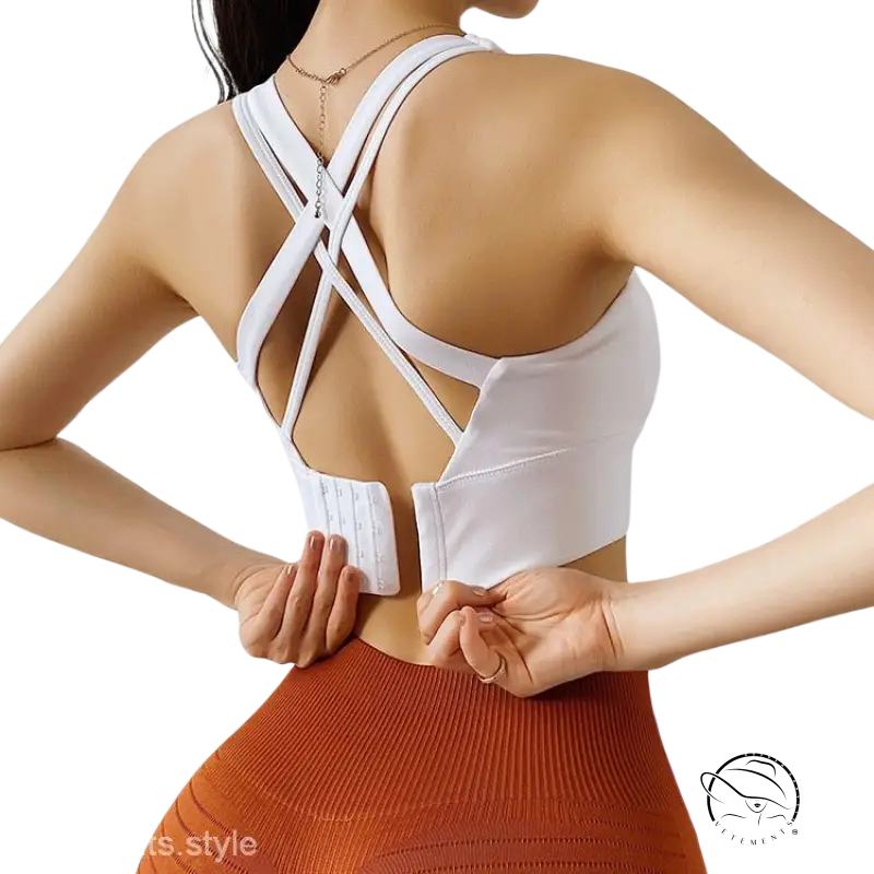 Navy blue crossback yoga bra with crisscross back straps