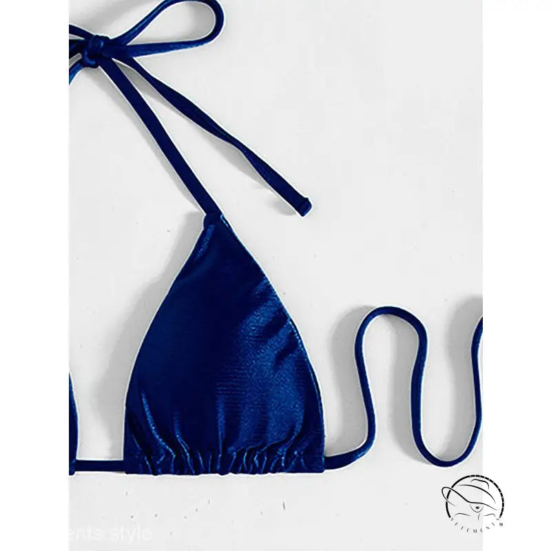 Navy blue satin halter bikini top with tie straps