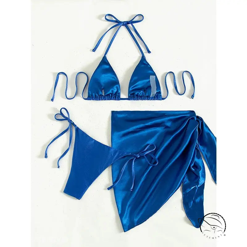 Navy blue satin halter bikini set with sarong wrap