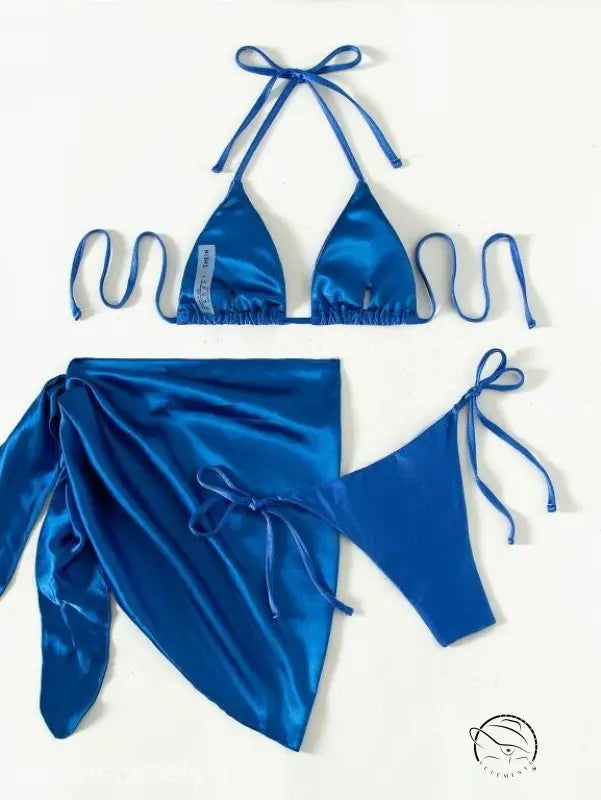 Navy blue satin halter bikini with tie straps and matching sarong