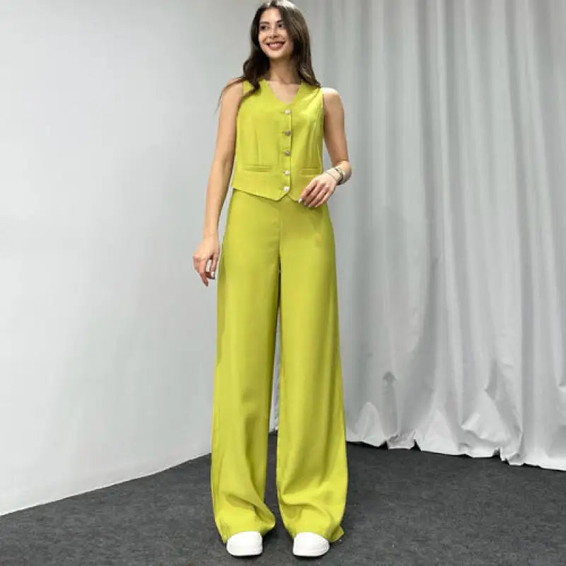 Woman in lime green sleeveless vest and wide-leg trousers from Navy Blue Summer High Grade Casual Suit