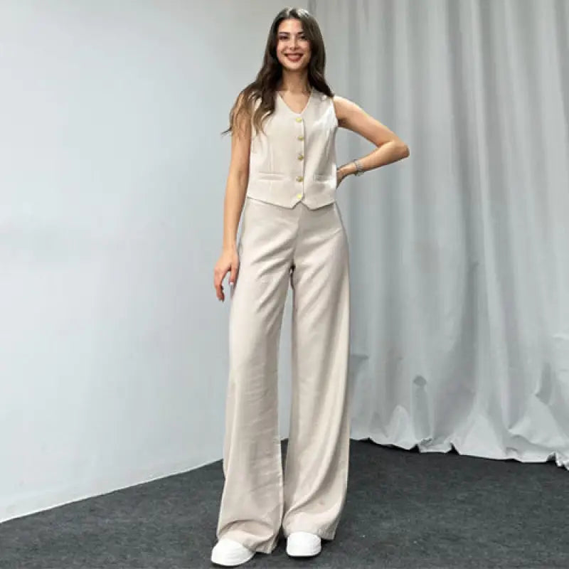 Light beige sleeveless vest and wide-leg trousers set from Navy Blue Summer High Grade Casual Suit collection