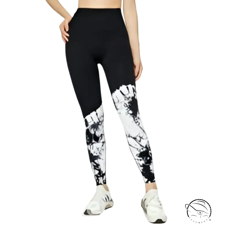 Peachy Fit high waist stretch leggings in black with white tie-dye lower legs