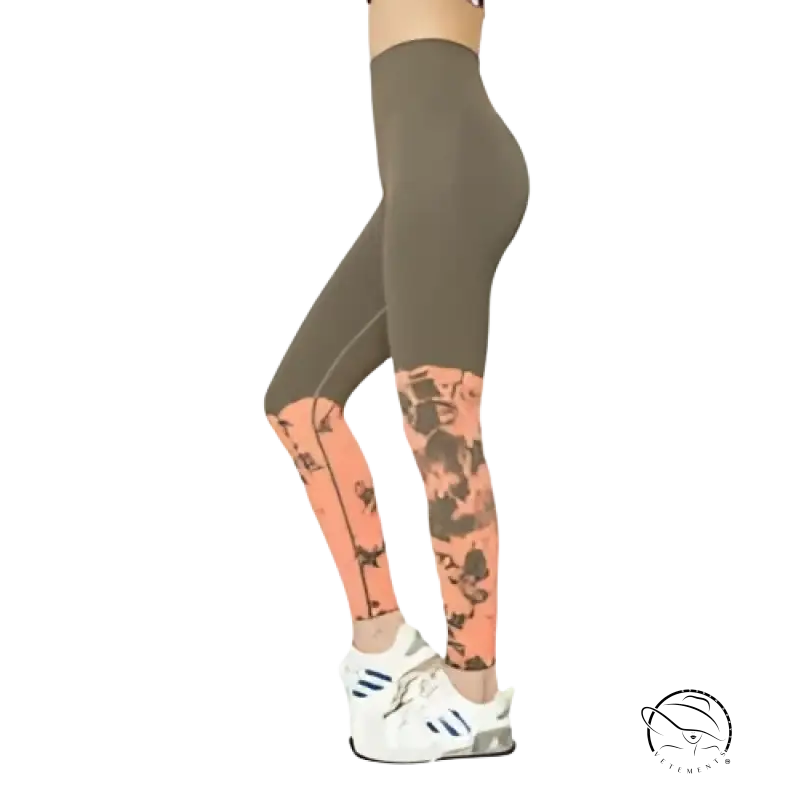 Peachy Fit high waist stretch leggings in olive green floral print with white sneakers