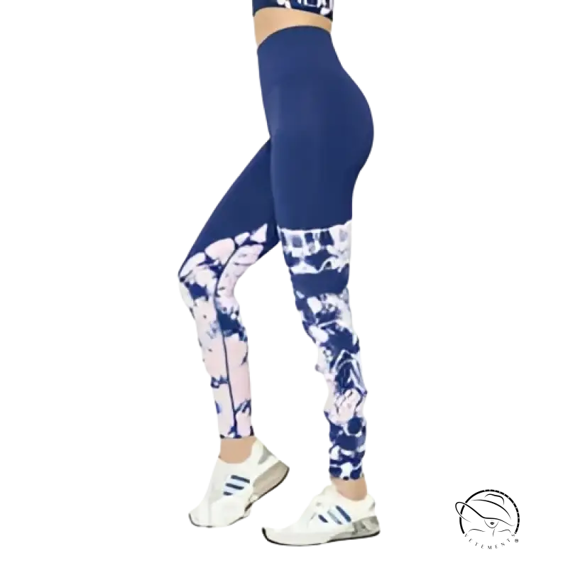 Peachy Fit high waist stretch leggings in blue and white tie-dye with white sneakers