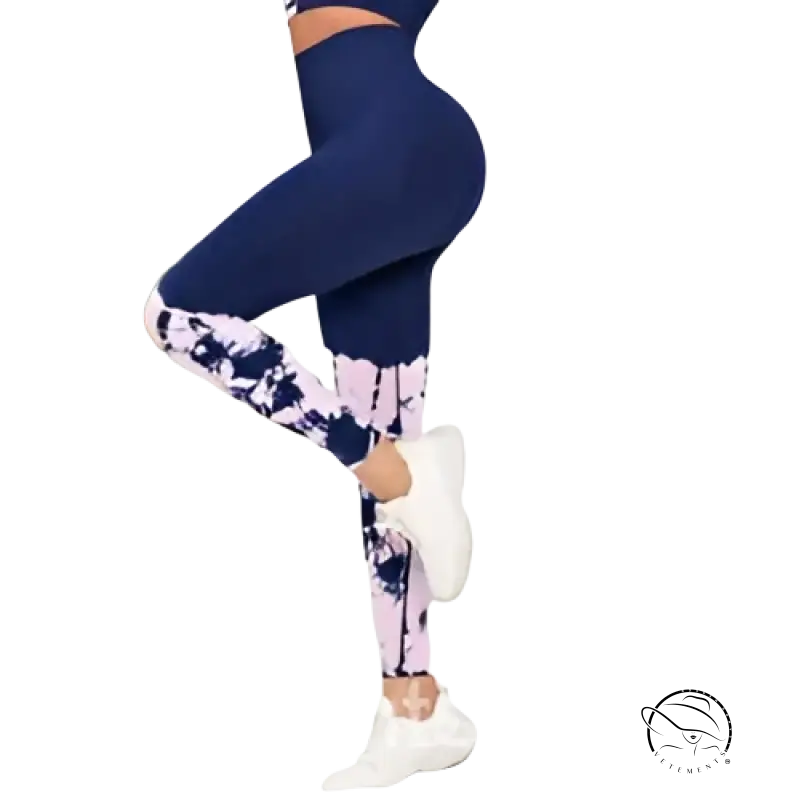 Peachy Fit high waist stretch leggings in blue and white tie-dye on model