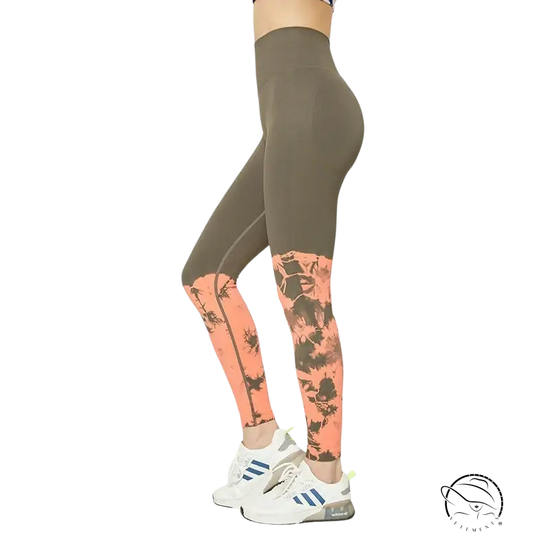 Peachy Fit high waist stretch leggings in olive and coral tie-dye with white sneakers