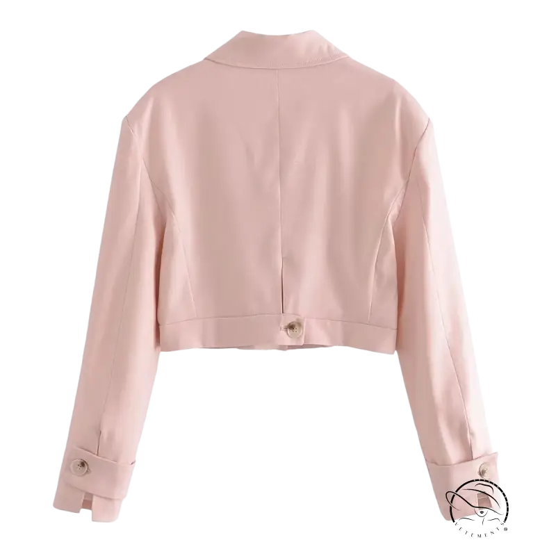 Pale pink cropped blazer high with long sleeves and button cuffs for pink pants look