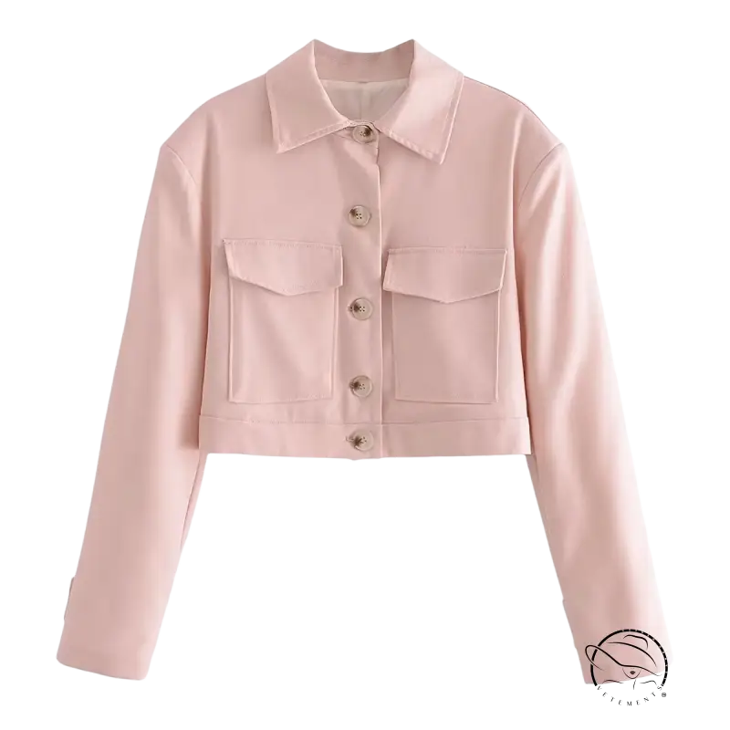 Pale pink cropped blazer with front pockets and button closure, ideal for Pink Pants ensembles