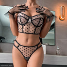 Polka dot sexy lingerie set featuring sheer fabric cutout bras and panties