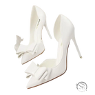 Elegant sweet high-heeled pumps in white satin with toe bow