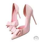 Pink patent leather elegant sweet high-heeled pumps with bow toe