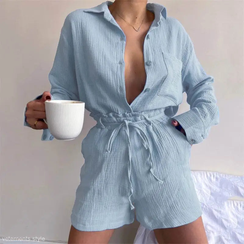 Light blue cotton two-piece set, perfect for a pure cotton summer style