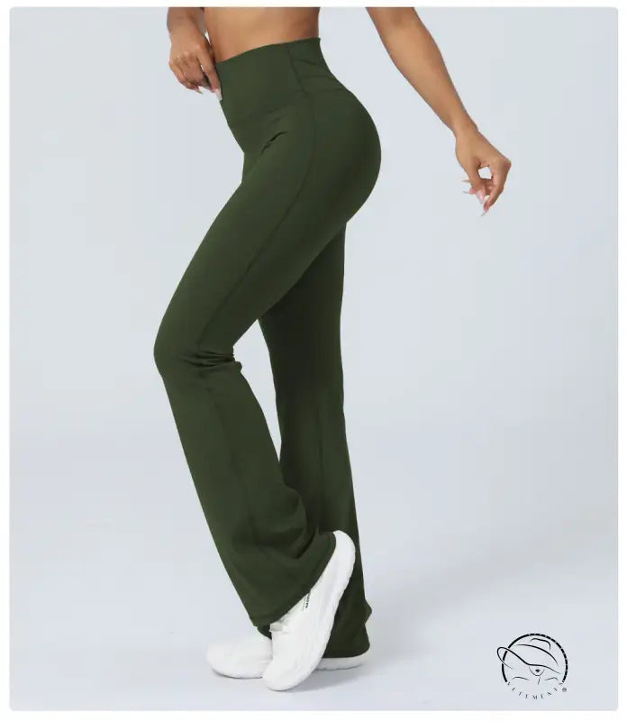 Purplish blue flared yoga pants in olive green high-waisted design