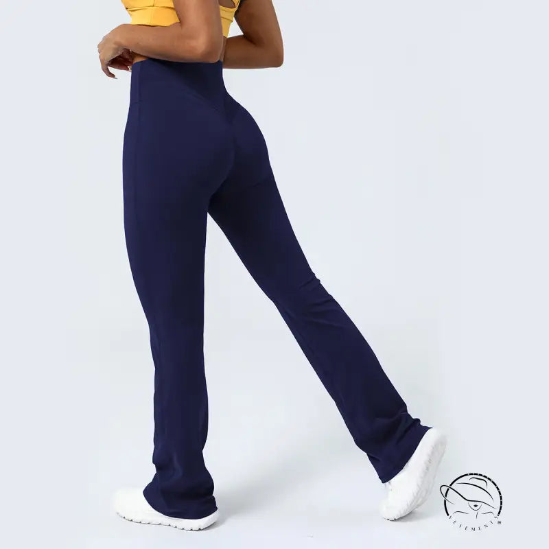 Purplish blue flared yoga pants with sporty slim non high rise design