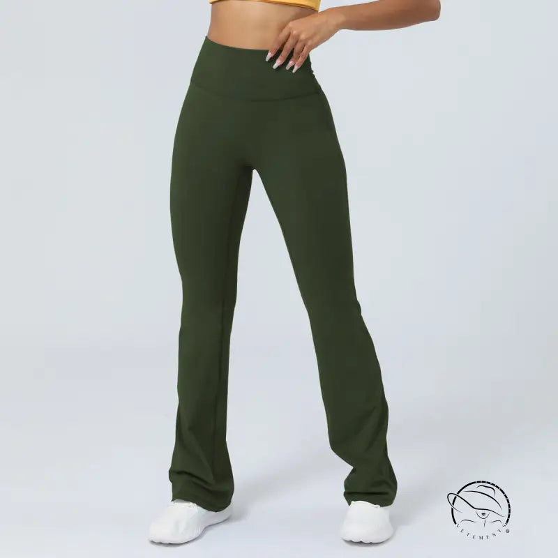 Purplish blue flared yoga pants in olive green sporty slim design