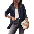 Woman in a purplish blue slim fit jacket for office, part of the Spring/Fall Collection