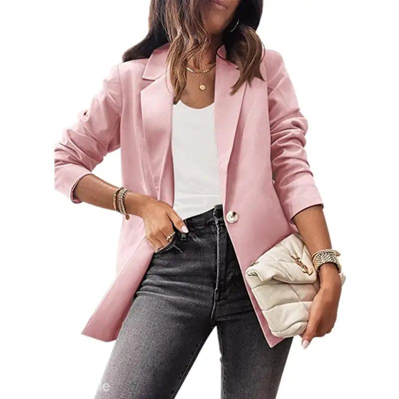 Woman wearing a purplish blue slim fit jacket outfit suitable for office settings