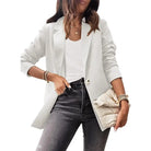 Woman wearing a purplish blue slim fit jacket for office in Spring/Fall Collection