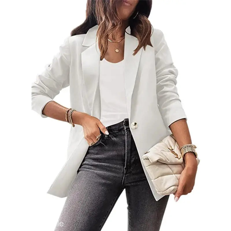 Woman wearing a purplish blue slim fit jacket for office in Spring/Fall Collection