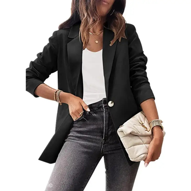 Woman in a purplish blue slim fit jacket suitable for office wear in Spring/Fall Collection
