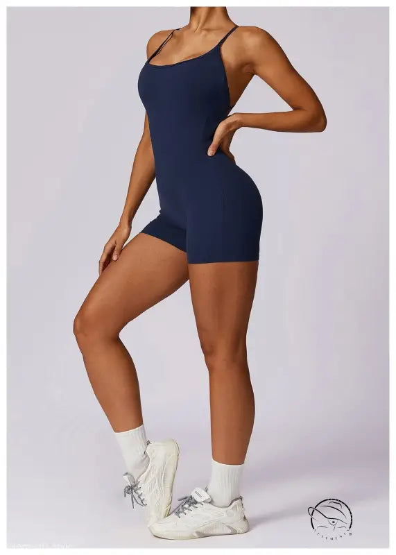 Navy blue quick drying nude feel sports one-piece swimsuit with thin straps and white socks