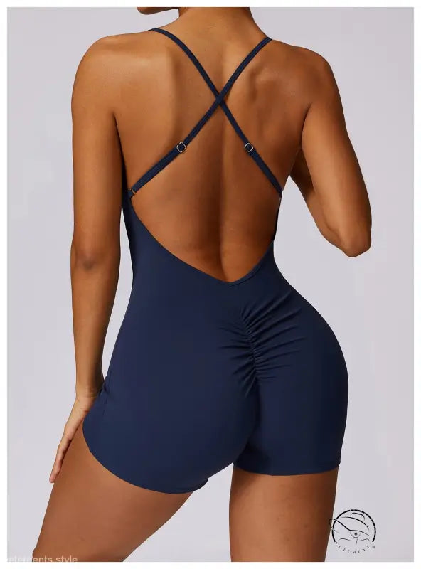 Navy blue quick drying nude feel sports bodysuit with crisscross back