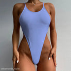 Light blue high-cut swimsuit with thin straps, part of the Royal Blue Backless Swimsuit collection