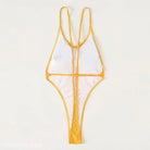 White swimsuit with yellow trim and strappy back design in a Royal Blue Backless Sexy Swimsuit