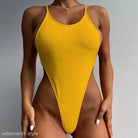 Bright yellow high-cut swimsuit with thin straps, part of the Royal Blue Backless Swimsuit collection