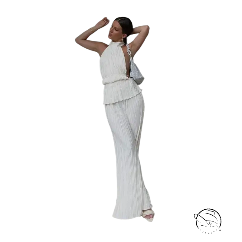Sama elegant suit: halter sexy backless white pleated jumpsuit