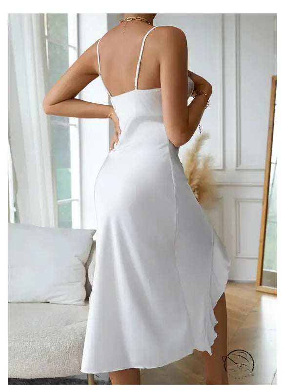 Sapphire blue satin nightdress with spaghetti straps and asymmetrical hem, perfect for sexy charming nightdresses