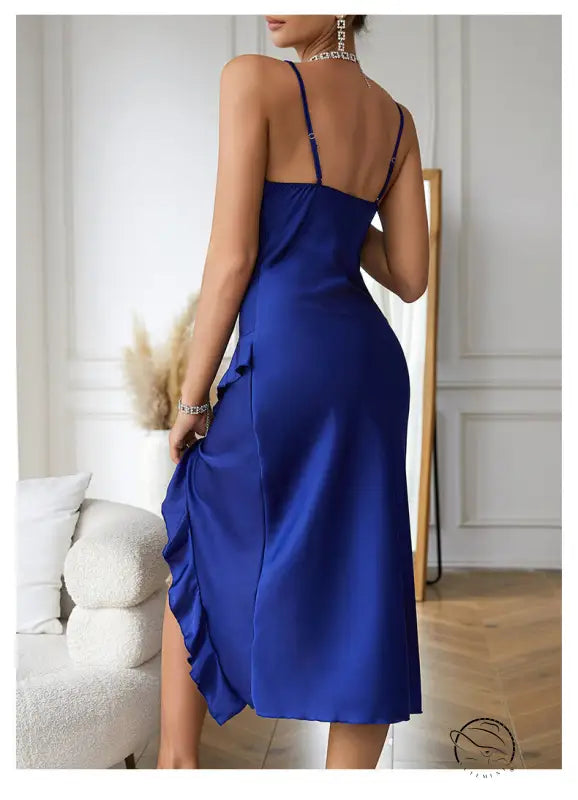 Sapphire blue ruffle satin maxi nightdress showcasing sexy charming nightdresses design