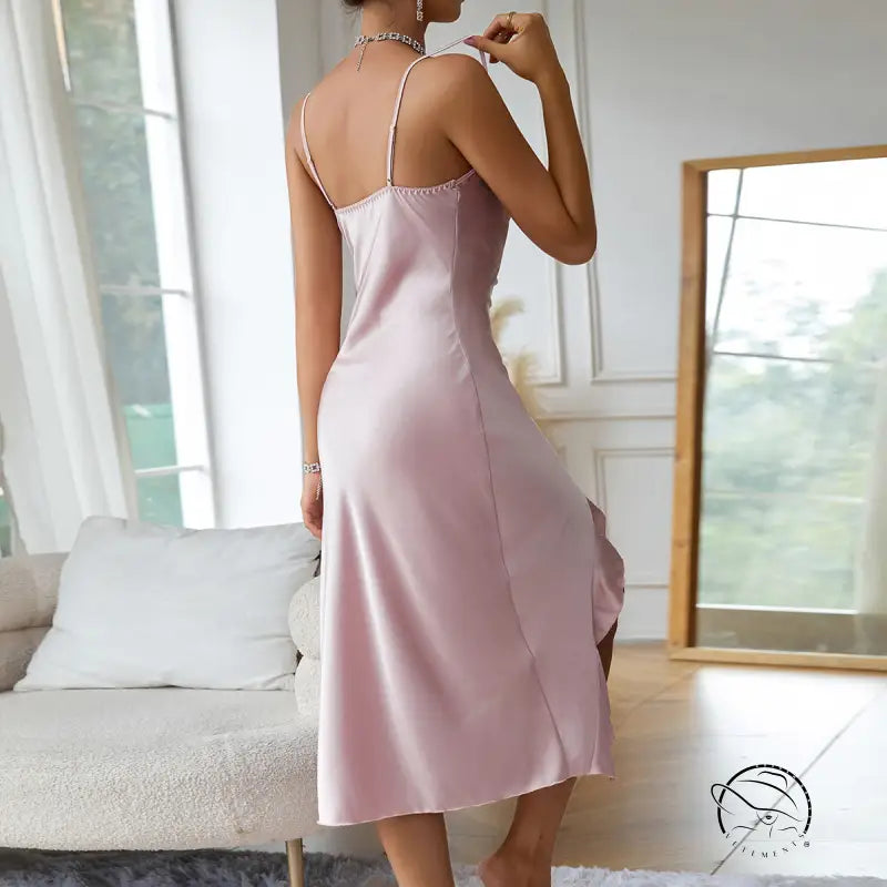Light pink satin midi slip dress with spaghetti straps, ideal for sexy charming nightdresses