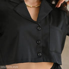 Black cropped button-down shirt from Satin Button Sleeve Short Sleeve Pajamas Set with free shipping