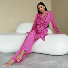 Pink Satin Comfy Pajamas Set featuring a Two-Piece Design and Belted Long Sleeves