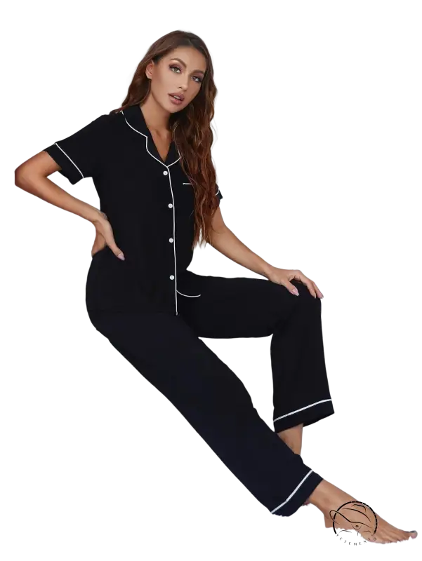 Sexy black two piece suit pajamas with short sleeved trousers