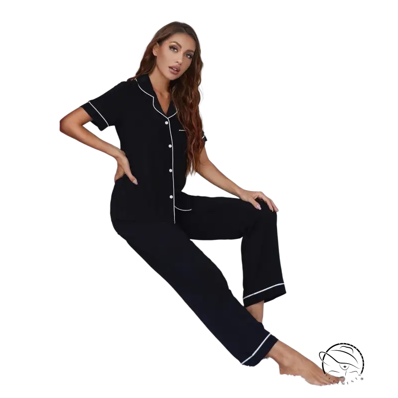 Sexy black two piece suit pajamas with short sleeved trousers