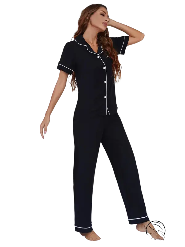 Sexy black two piece suit pajamas with short sleeved trousers