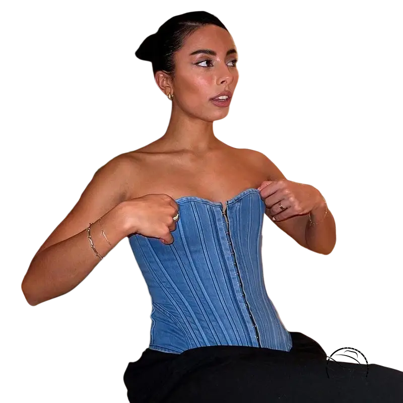 Sexy blue denim split wrapped chest tube top for summer