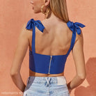 Fashionable blue crop top with bow-tied straps and back zipper, a stylish boning corset bandana